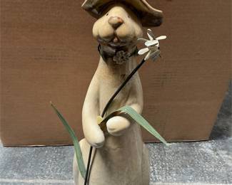 Glazed Ceramic Rabbit Figurine with Metal Flower (2/5)