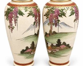 Pair of Japanese Satsuma Wisteria Landscape Vases