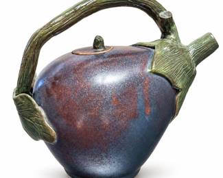 Signed Eggplant-Form Ceramic Teapot with Vine Handle