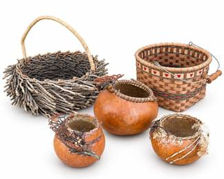 Decorative Gourd Vessels and Woven Baskets