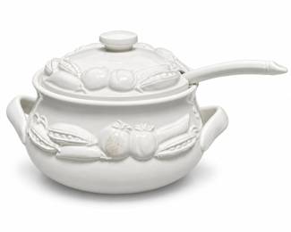 White Ceramic Vegetable Relief Soup Tureen with Ladle