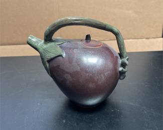 Signed Eggplant-Form Ceramic Teapot with Vine Handle (3/5)