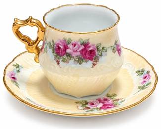 Rose-Decorated Porcelain Cup and Saucer