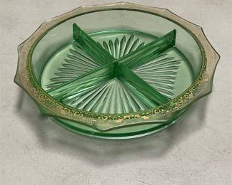 Green Glass Divided Relish Dish with Gold Trim (2/5)