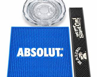 Absolut and Malibu Bar Mats with Glass Serving Bowl