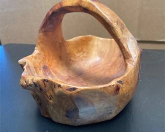 Carved Burl Wood Basket with Integral Handle (3/5)