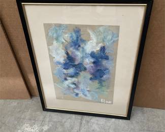 Signed Blue Abstract Artwork in Black and Gold Frame (2/3)
