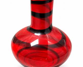 Red Art Glass Bottle Vase with Black Spiral Bands