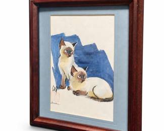 Framed Siamese Cat Artwork Signed “Nobu”