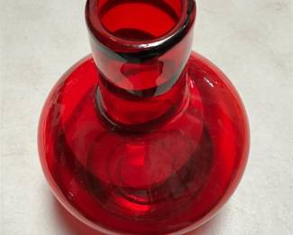 Red Art Glass Bottle Vase with Black Spiral Bands (4/5)