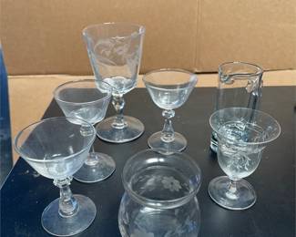 Clear Glass Stemware, Pitcher and Floral-Etched Vase (3/4)