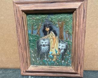 Girl with Two Wolves Painted Relief Wall Plaque (2/3)