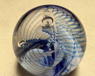 Blue Swirl Art Glass Paperweight with Controlled Bubbles (2/5)