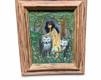 Girl with Two Wolves Painted Relief Wall Plaque