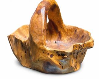 Carved Burl Wood Basket with Integral Handle