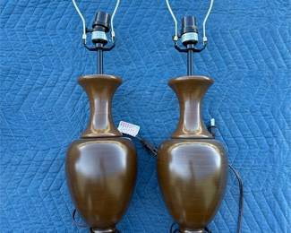 Pair of Bronze-Tone Urn Table Lamps with Bell Shades (3/4)