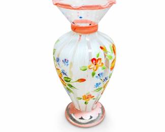 Hand-Painted Floral Glass Vase with Pink Ruffled Rim