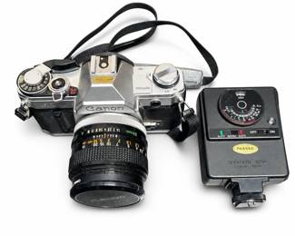 Canon AT-1 35mm SLR Camera with 50mm Lens and Flash