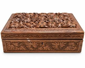 Carved Wooden Keepsake Box with Leaf Decoration