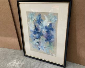 Signed Blue Abstract Artwork in Black and Gold Frame