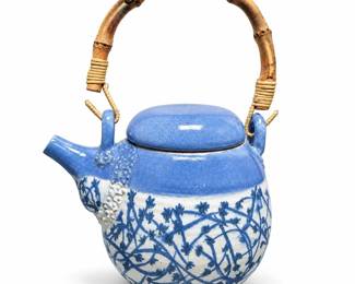 Blue and White Stoneware Teapot with Bamboo Handle
