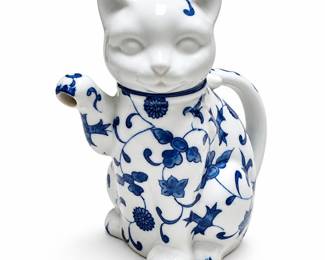 Blue and White Floral Ceramic Cat Teapot