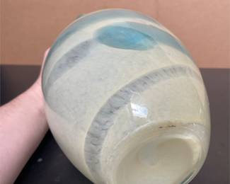 Blue and Cream Spiral Art Glass Bottle Vase (3/4)