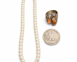 1942 Walking Liberty Half Dollar, Pearl-Like Necklace & Ring