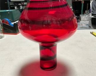 Red Art Glass Bottle Vase with Black Spiral Bands (3/5)