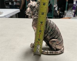 Silver-Tone Seated Tiger Figurine with Black Stripes (5/5)