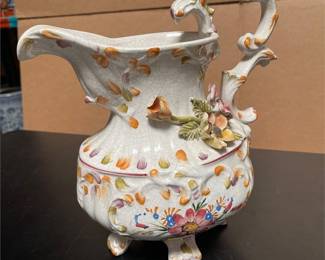 Italian Rococo Style Ceramic Ewer with Applied Flowers (3/4)