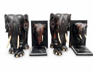 Carved Wood Elephant Figures and Bookends