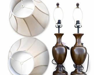 Pair of Bronze-Tone Urn Table Lamps with Bell Shades