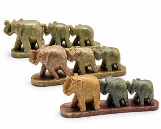 Three Carved Stone Elephant Procession Figurine Groups