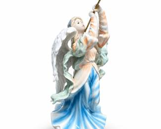 Glazed Porcelain Angel Figurine with Metal Trumpet
