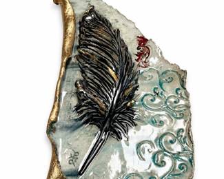 Glazed Ceramic Feather Relief Wall Plaque