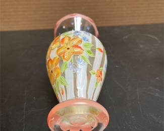 Hand-Painted Floral Glass Vase with Pink Ruffled Rim (3/4)