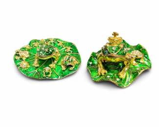 Green Enamel Frog Trinket Boxes on Lily Pads