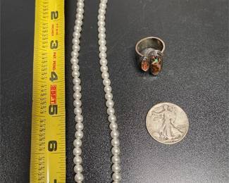 1942 Walking Liberty Half Dollar, Pearl-Like Necklace & Ring (4/4)