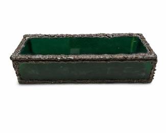 Green Glass Hinged Box with Textured Metal Trim