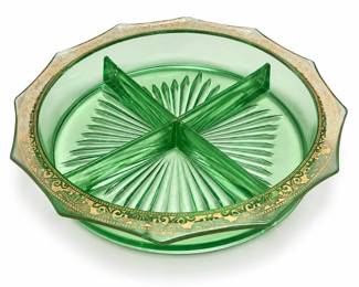 Green Glass Divided Relish Dish with Gold Trim