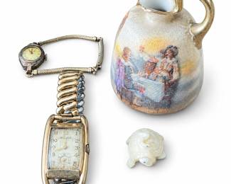 Bulova 10K Gold Filled Watches & Cavalier Scene Porcelain Pitcher