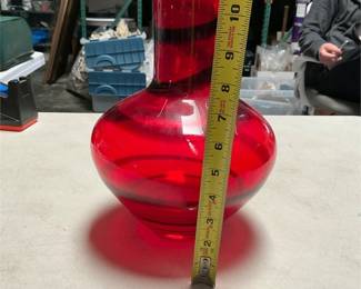 Red Art Glass Bottle Vase with Black Spiral Bands (5/5)
