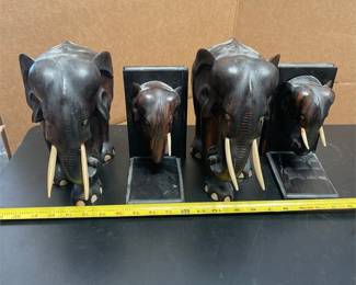 Carved Wood Elephant Figures and Bookends (3/4)