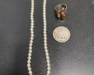 1942 Walking Liberty Half Dollar, Pearl-Like Necklace & Ring (2/4)