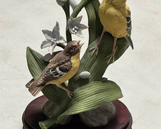 Pair of Songbirds with Flowers on Wood Stand (2/5)