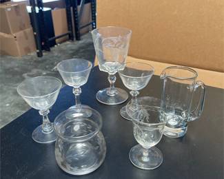 Clear Glass Stemware, Pitcher and Floral-Etched Vase (2/4)