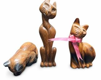 Carved Wooden Cat Figurines in Varied Poses