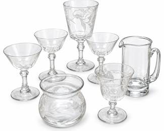 Clear Glass Stemware, Pitcher and Floral-Etched Vase
