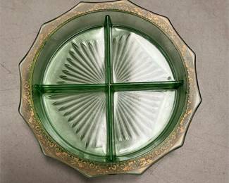 Green Glass Divided Relish Dish with Gold Trim (4/5)
